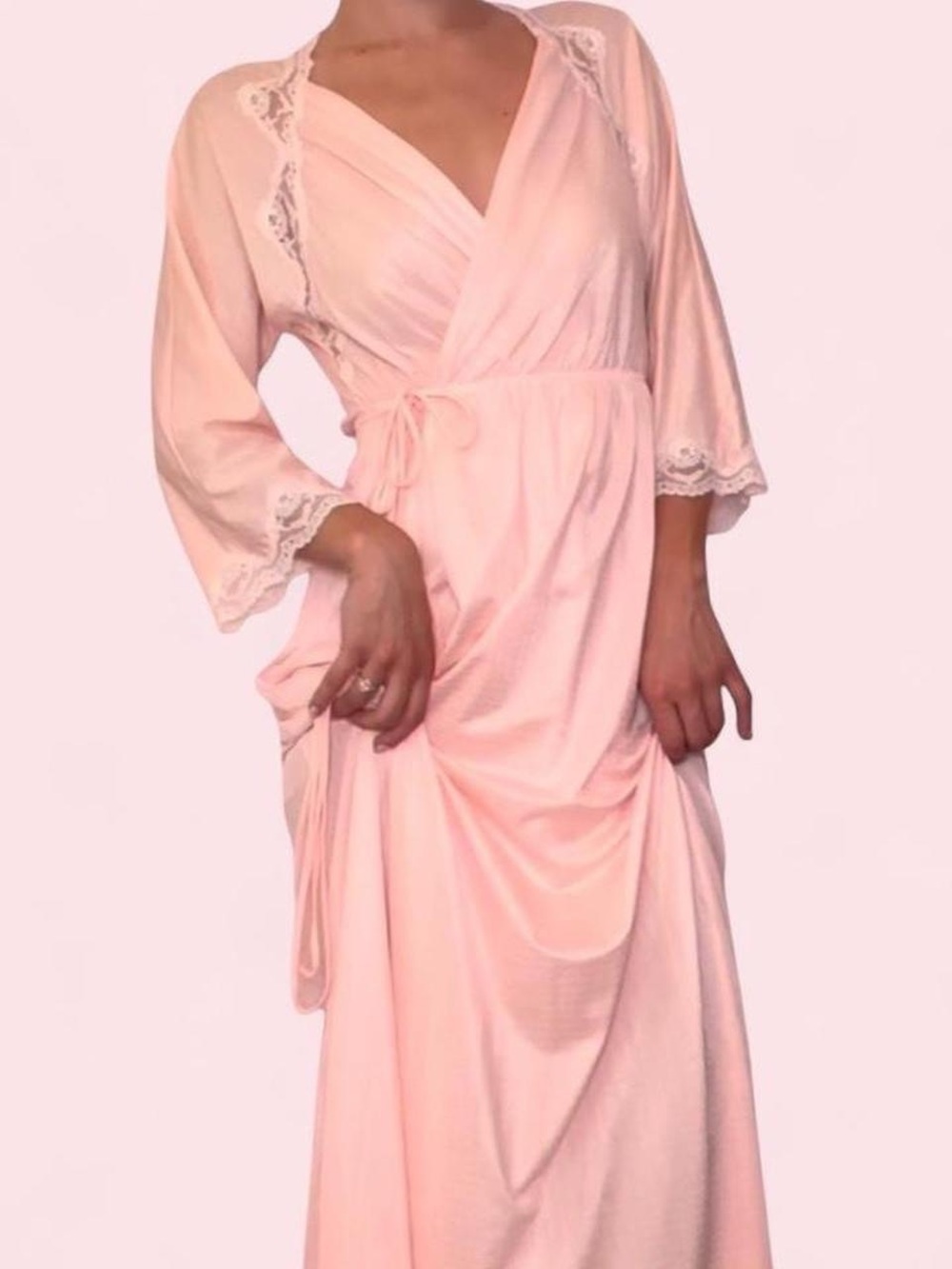Vintage 70s Miss Elaine Blush Pink Lace Wrap Maxi Nightgown
